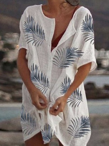 

Leaves V Neck Short Sleeve Woven Dress, White, Mini Dresses