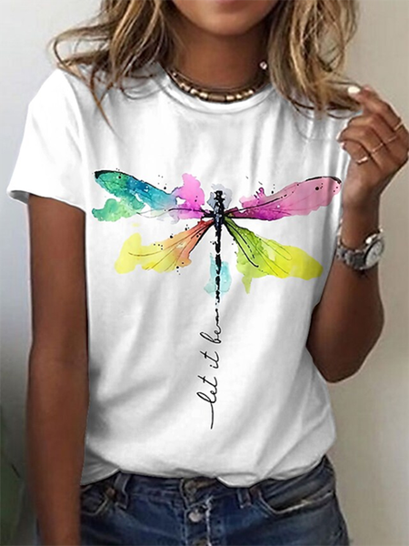

Dragonfly Crew Neck Short Sleeve Casual T-Shirt, White, T-Shirts