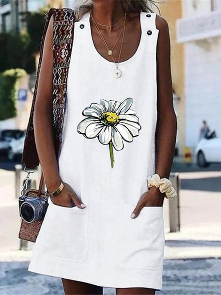 

Casual Floral Pockets Buttoned Cotton Sleeveless Loosen Dress, White, Mini Dresses