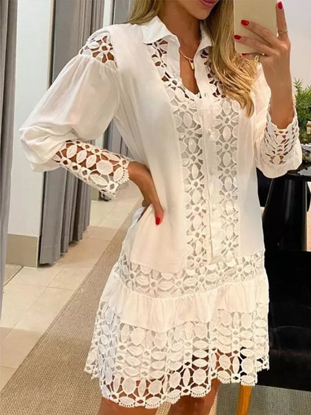 

Elegant Plain Shirt Collar Long Sleeve Woven Dress, White, Mini Dresses