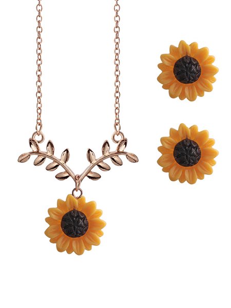 Alloy Sunflower Earrings Necklace Set, Rose gold, Necklaces