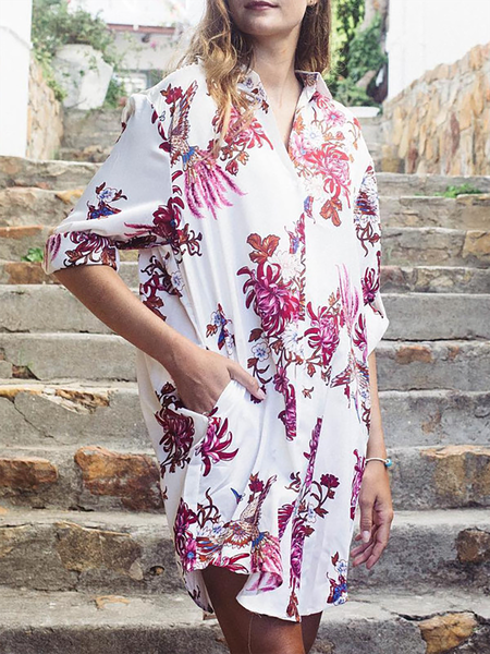 

Casual Floral Regular Fit Button-up Long Sleeve Mini Dress, White, Mini Dresses