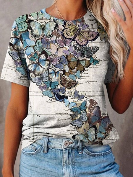 

Butterfly Casual Short Sleeve T-Shirt, Multicolor, T-Shirts