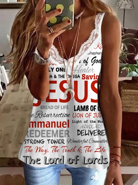 

Jesus Printed V Neck Lace Casual Tank, White, Tank Top