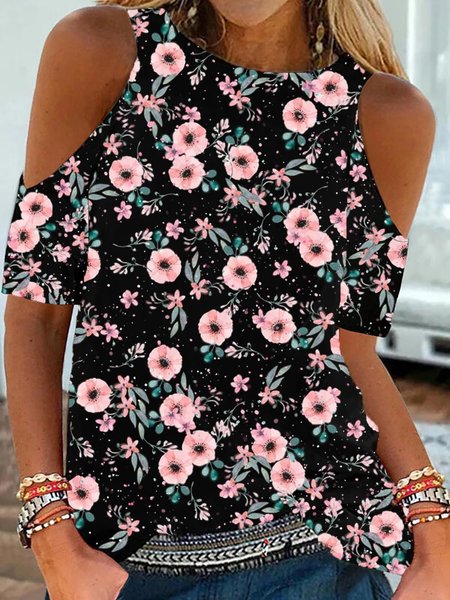 

Floral Printed Off Shoulder Vacation Round Neck Short Sleeve T-Shirt, Black, T-Shirts