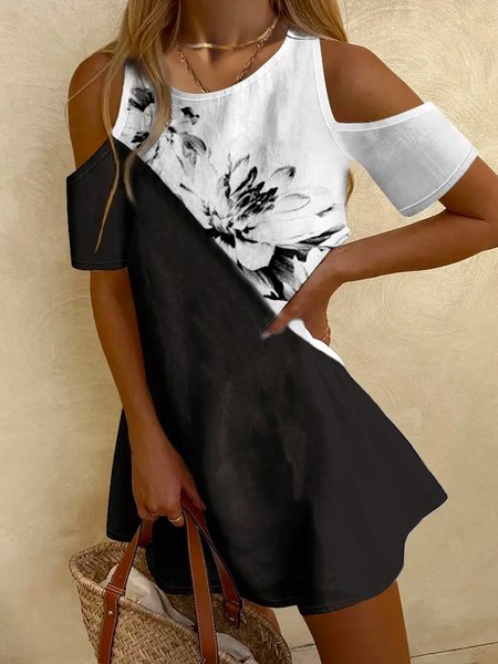 

Floral Crew Neck Short Sleeve Woven Dress, Black-white, Mini Dresses