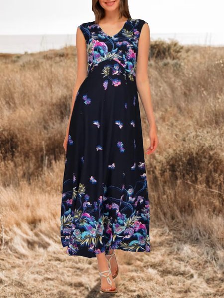

V Neck Loosen Floral Sleeveless Knitting Dresses, Black, Dresses