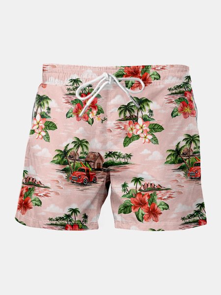 

Hibiscus Graphic Men's Drawstring Beach Shorts, Red, Men's shorts
