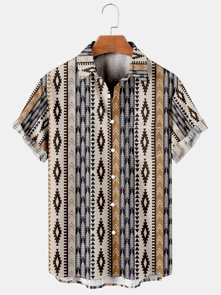 

Men's Western Denim Ethnic Pattern Printed Short Sleeve Hawaiian Shirt with Chest Pocket, Gray-brown, Men's Floral shirt