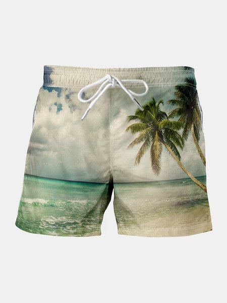 

Coconut Tree Graphic Men's Drawstring Beach Shorts, As picture, Men's shorts