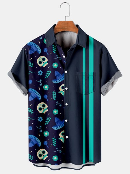

Men's Cinco de Mayo Printed Casual Breathable Short Sleeve Shirt, Black, Men's Floral shirt