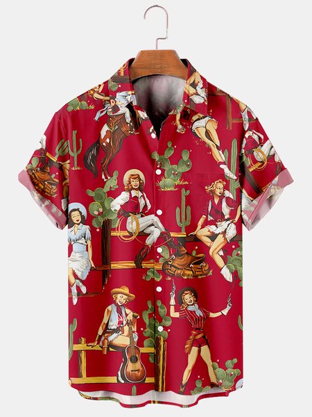 

Men's Western Denim Casual Short Sleeve Hawaiian Shirt, Red, Men's Floral shirt