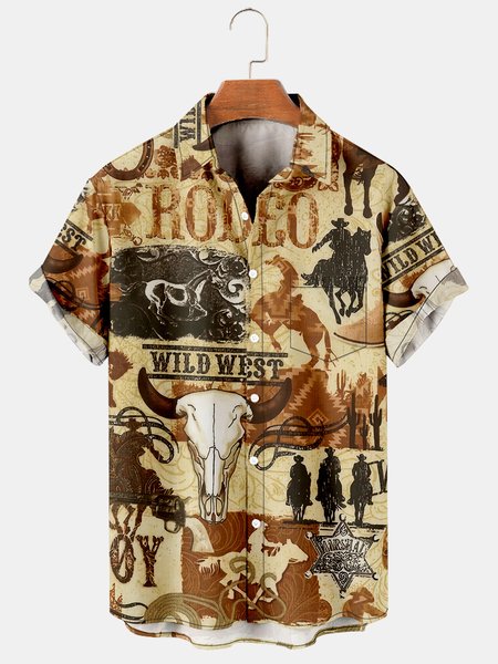 

Men's Denim Horse Print Lapel Loose Chest Pocket Short Sleeve Fashion Aloha Shirt, Black, Men's Floral shirt