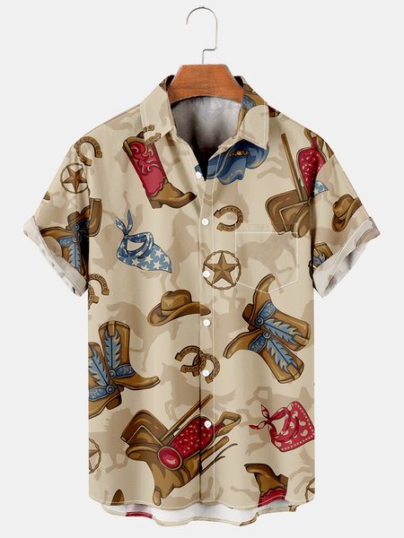 

Men's Denim Horse Print Lapel Loose Chest Pocket Short Sleeve Fashion Aloha Shirt, As picture, Men's Floral shirt