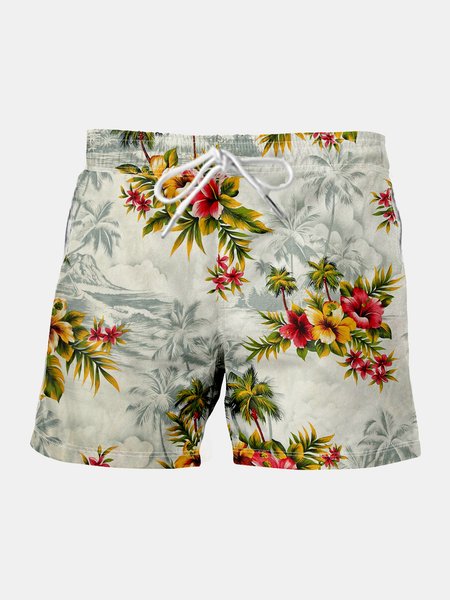 

Hibiscus Graphic Men's Drawstring Beach Shorts, White, Men's shorts