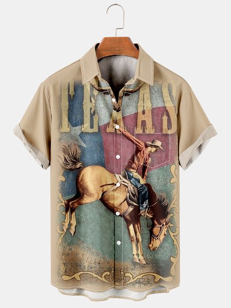 

Men's Denim Horse Print Lapel Loose Chest Pocket Short Sleeve Fashion Aloha Shirt, As picture, Men's Floral shirt