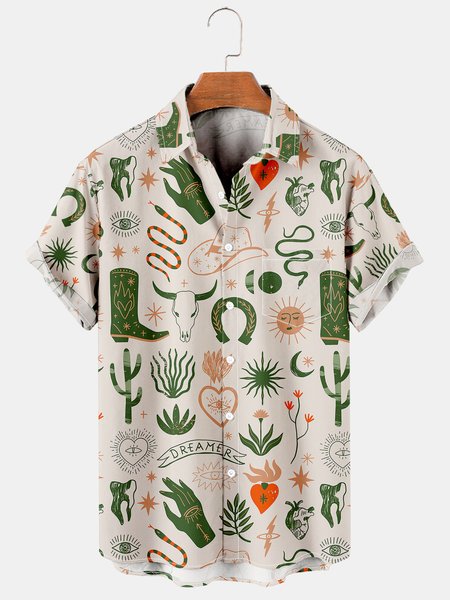 

Men's Denim Horse Print Lapel Loose Chest Pocket Short Sleeve Fashion Aloha Shirt, As picture, Men's Floral shirt
