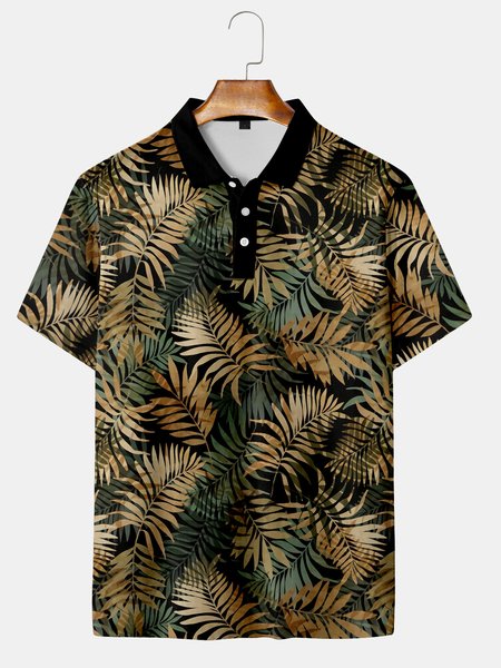 

Vacation Style Hawaiian Series Plant Leaf Element Lapel Short-Sleeved Polo Print Top, Black, Men's t-shirts