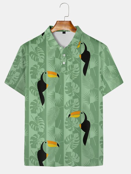 

Holiday Style Hawaiian Series Plant Leaf Toucan Element Lapel Short-Sleeved Polo Print Top, Green, Men's t-shirts