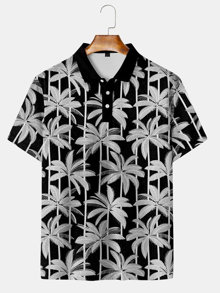 

Holiday Style Hawaii Series Gradient Plant Leaves Coconut Tree Elements Lapel Short-Sleeved Polo Print Top, Black, Men's t-shirts