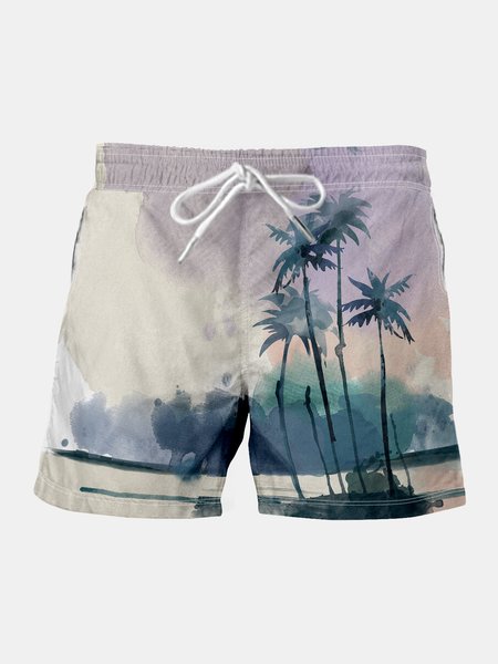 

Coconut Tree Graphic Men's Drawstring Beach Shorts, Blue, Men's shorts
