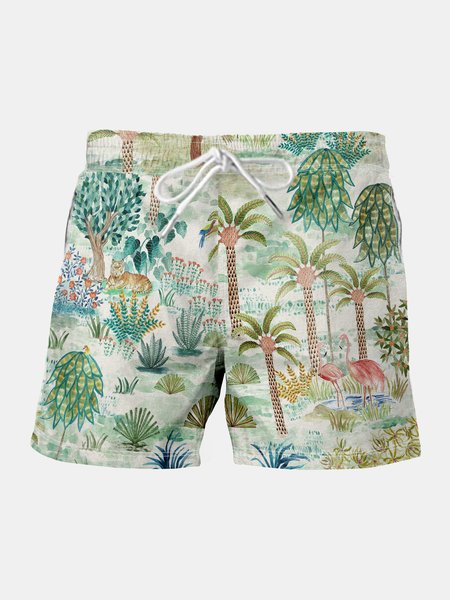 

Tropical Plant Graphic Men's Drawstring Beach Shorts, Green, Men's shorts