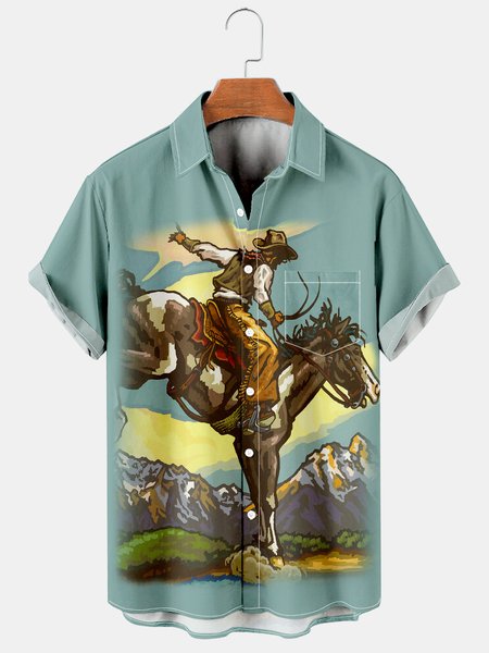 

Men's Denim Horse Print Lapel Loose Chest Pocket Short Sleeve Fashion Aloha Shirt, As picture, Men's Floral shirt