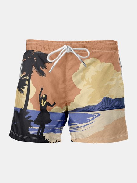 

Hawaiian Graphic Men's Drawstring Beach Shorts, Yellow, Men's shorts