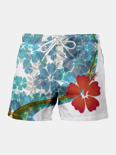

Hibiscus Graphic Men's Drawstring Beach Shorts, Blue, Men's shorts