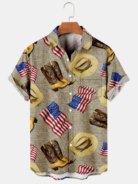 

Men's Denim Horse Print Lapel Loose Chest Pocket Short Sleeve Fashion Aloha Shirt, Black, Men's Floral shirt