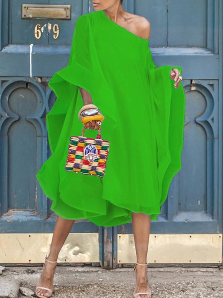

Vacation Solid Loosen Crew Neck Half Sleeve Midi Dress, Green, Midi Dresses
