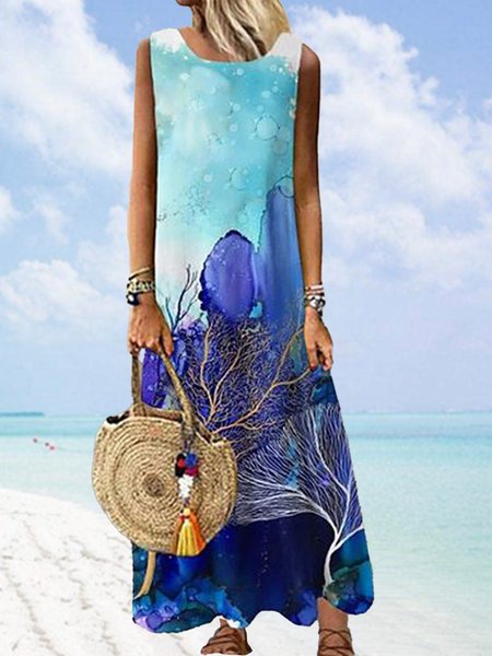 

Buttoned Crew Neck Loosen Sleeveless Woven Dresses, Blue, Maxi Dresses