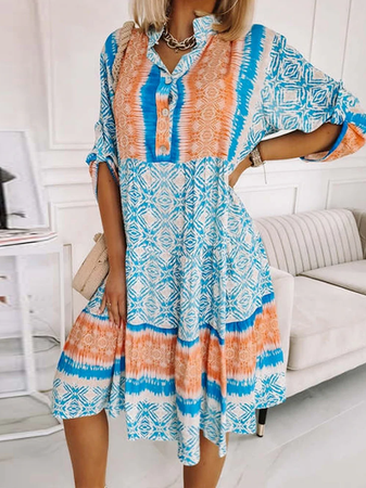 

Tribal Boho Vacation Regular Fit Three Quarter Woven Dress, Blue, Mini Dresses