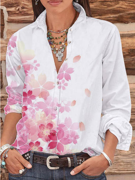 

Floral Shirt Collar Vacation Long Sleeve Blouse, White, Blouses & Shirts