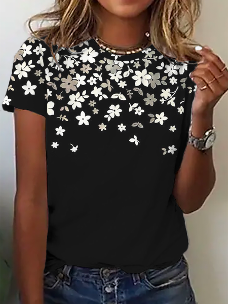 

Plus size Casual Crew Neck Floral Short Sleeve T-Shirt, Black, T-Shirts