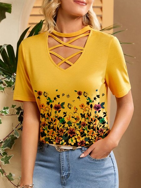 

Loosen Floral Casual V Neck Short Sleeve Tops, Yellow, T-Shirts
