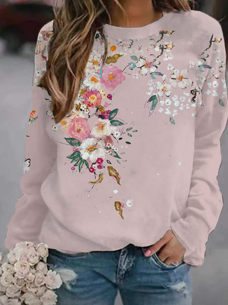 

Loosen Crew Neck Floral Casual Sweatershirt, Pink, Sweatshirts & Hoodies