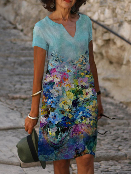 

Casual Floral V neck Short Sleeve Dress, Blue, Mini Dresses
