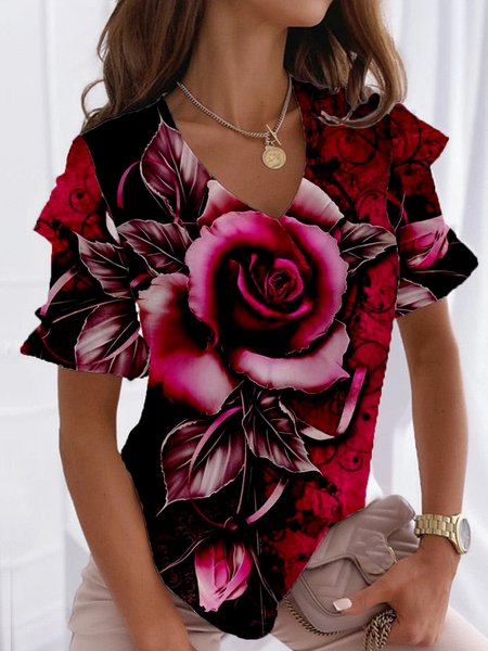

Red Rose Printed Casual Frill Sleeve V-neck Tops, T-Shirts