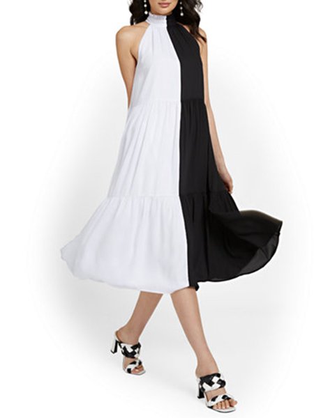 

Loosen Vacation Sleeveless Woven Dress, Black-white, Midi Dresses
