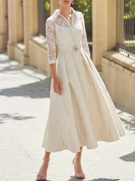

Shirt Collar Plain Elegant Short Sleeve Woven Midi Dress, Beige, Maxi Dresses
