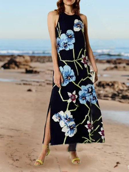 

Vacation Loosen Floral Sleeveless Knitting Dresses, Black, Midi Dresses