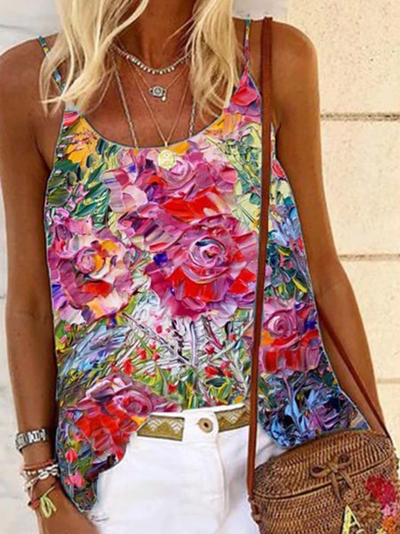 

Loosen Vacation Floral Woven Tank, Multicolor, Tanks & Camis