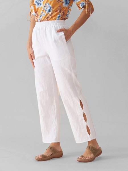 

Loosen Cotton Solid Wide Leg Pants, White, Bottoms