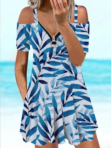 

Leaves Loosen V Neck Long Sleeve Woven Dress, Blue, Mini Dresses