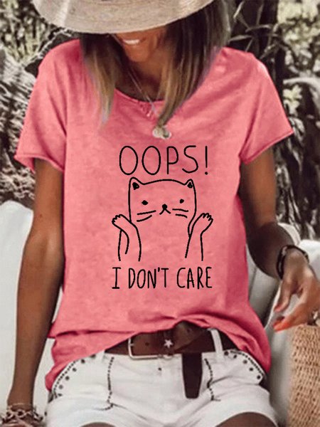 

Oops I Don't Care Cat Cotton Blends Casual Short Sleeve T-Shirt, Pink, T-shirts