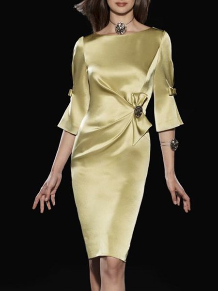 

Slim Fit Satin Crew Neck Short Sleeve Woven Dress, Yellow, Midi Dresses