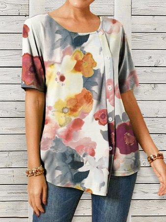 

Floral Cotton Blends Casual Short Sleeve Tops, Multicolor, Shirts & Blouses