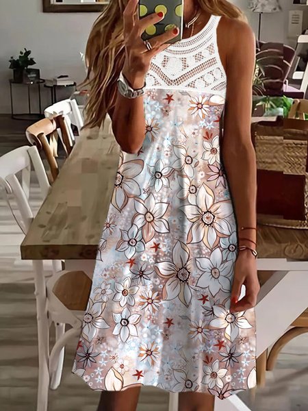 

Vacation Round Neck Lace Regular Fit Short Sleeve Knit Dress, Multicolor, Dresses
