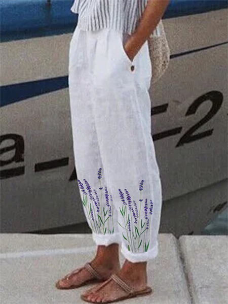 

Floral Loosen Casual Pants, White, Pants